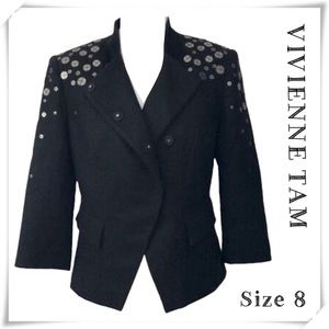 VIVIENNE Tam Sequin Wool Blend Quarter Sleeve Blazer Jacket in Black
